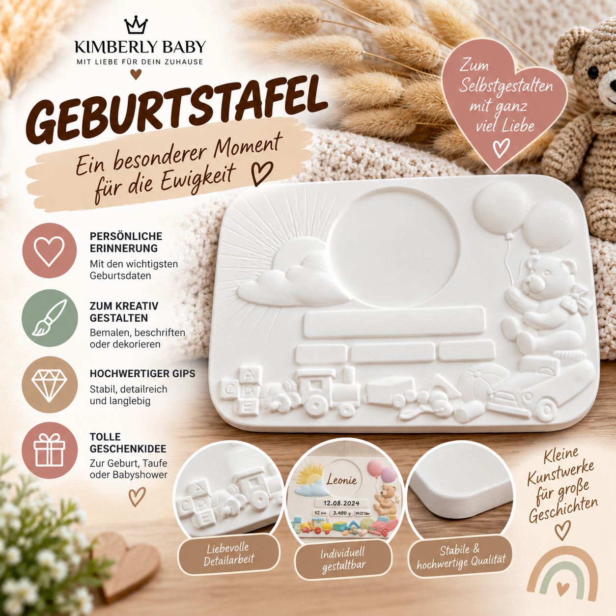 Geburtstafel aus Gips – Baby Erinnerungsdeko zum Selbstgestalten