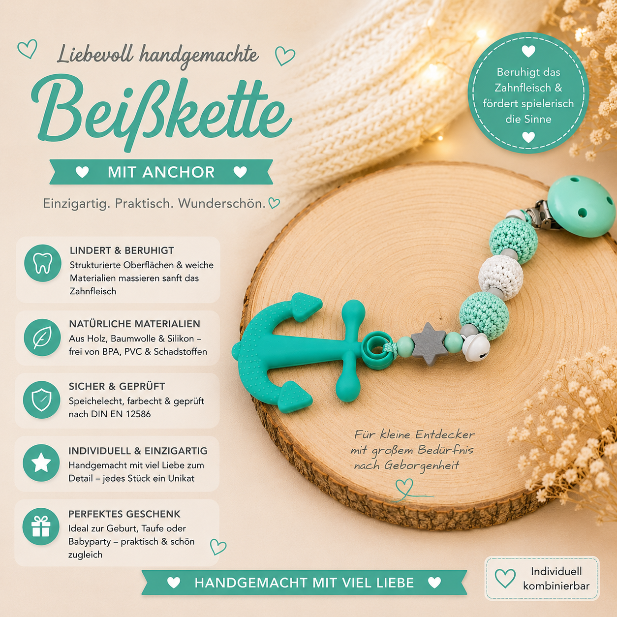 Beißkette Anker Mint | Silikon-Beißhilfe mit Häkelperlen & Glöckchen