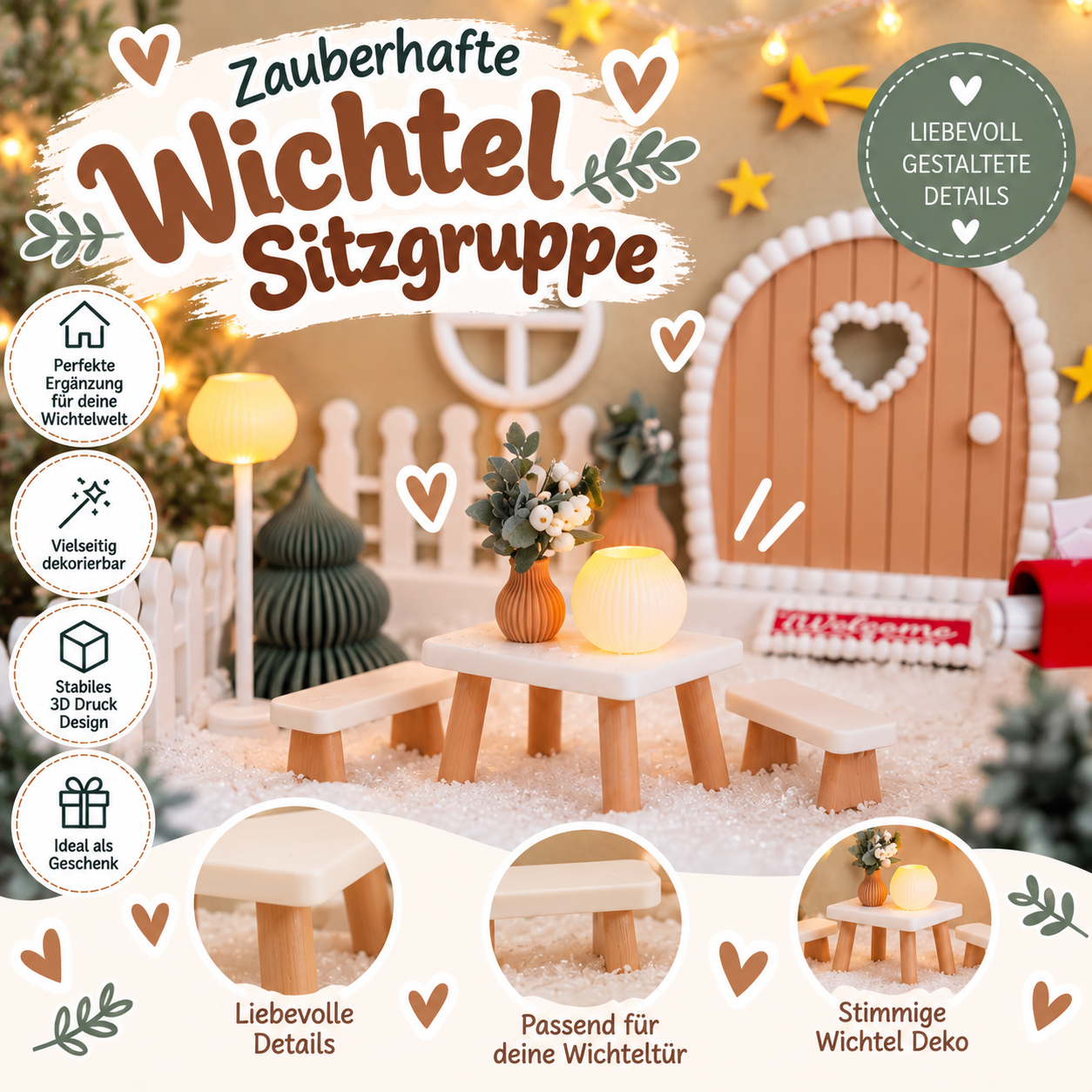 Wichtel Sitzgruppe aus 3D-Druck – Miniatur Tisch mit 2 Bänken für Wichteltür