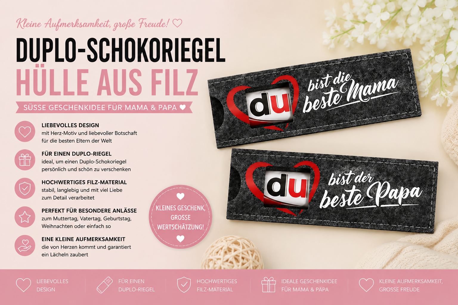 Duplo Schokoriegel-Hülle aus Filz – Geschenk für Mama & Papa