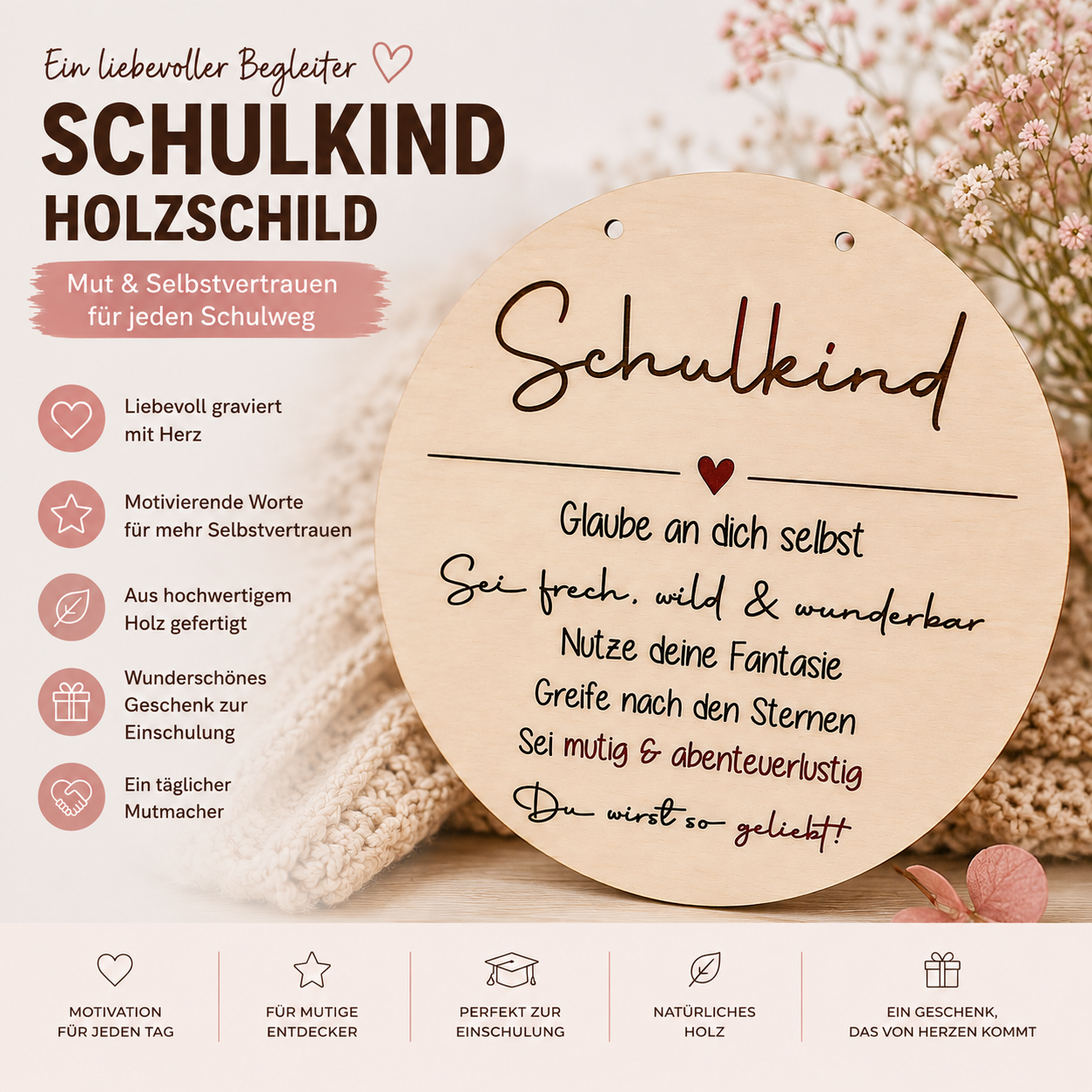 Schulkind Holzschild zur Einschulung – Mutmacher & Geschenk zum Schulanfang