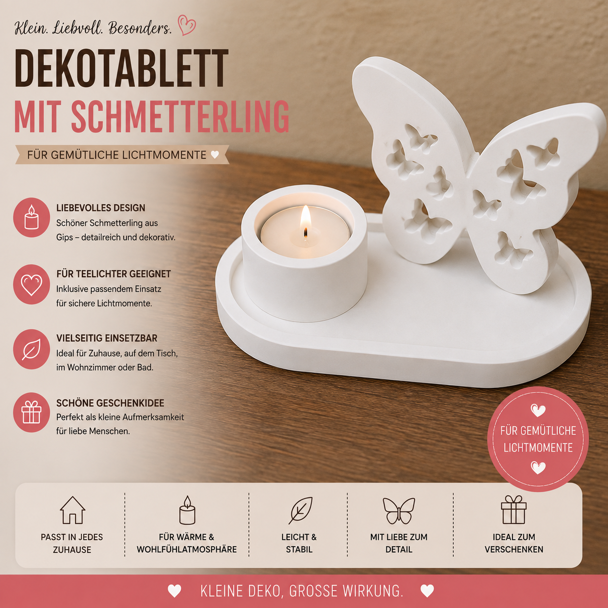 Deko-Tablett mit Schmetterling & Teelichthalter aus Gips – handgefertigte Deko
