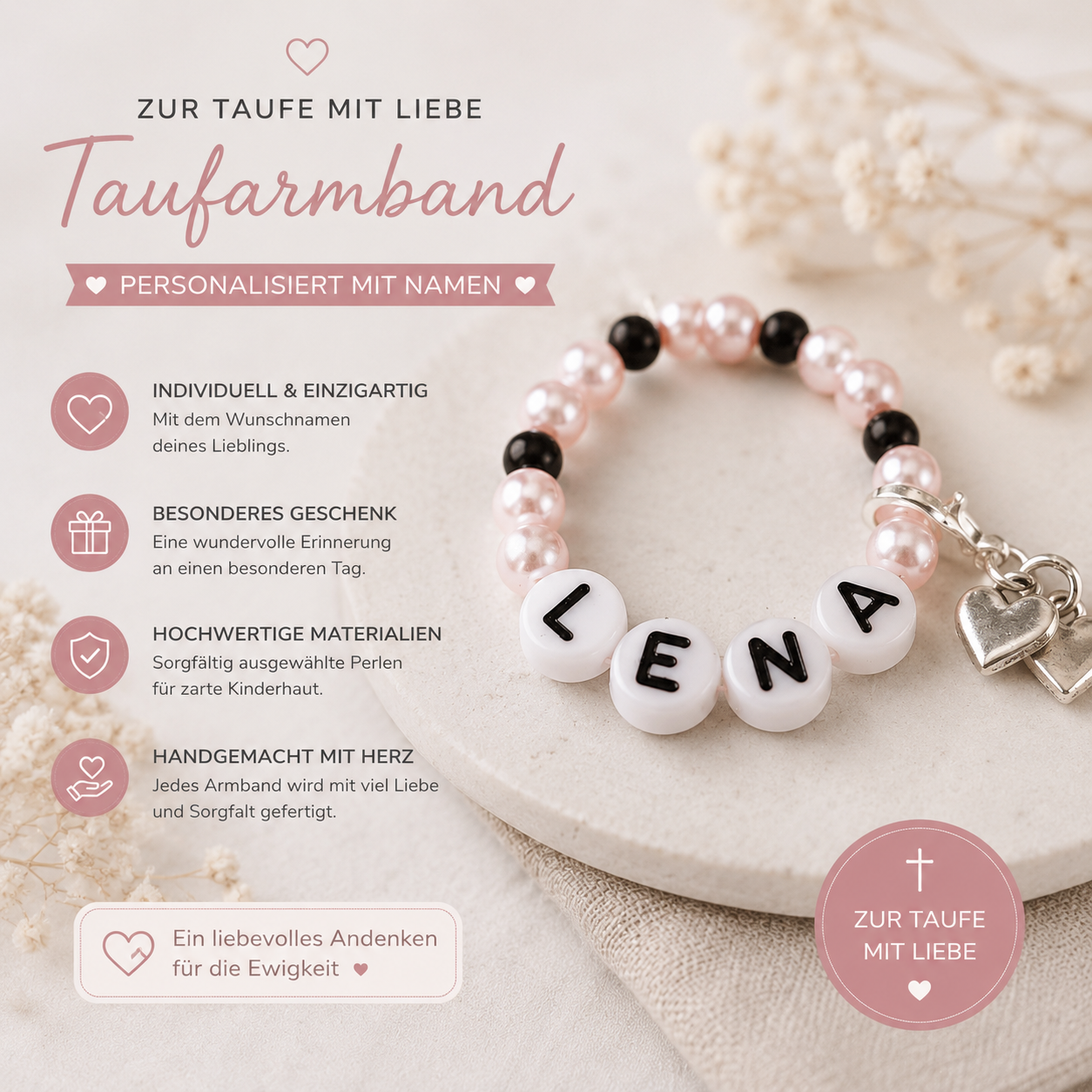 Personalisiertes Taufarmband mit Namen – Armband zur Taufe mit Herzanhänger | Geschenk zur Taufe Mädchen