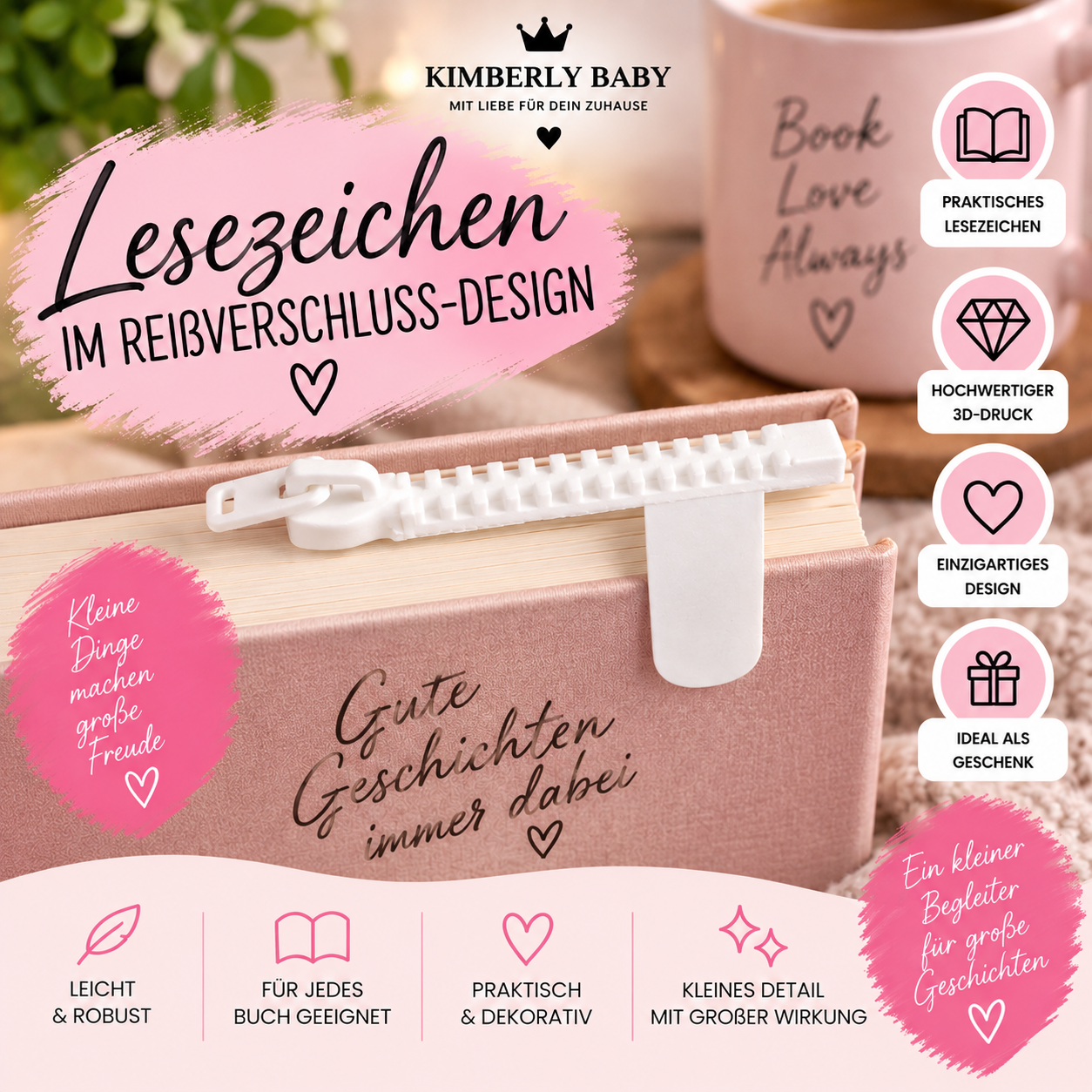 Lesezeichen im Reißverschluss-Design aus 3D-Druck – originelles Buch-Lesezeichen