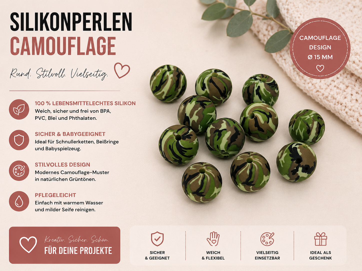 Silikonperle Camouflage – Runde Silikonperlen für Schnullerketten & DIY