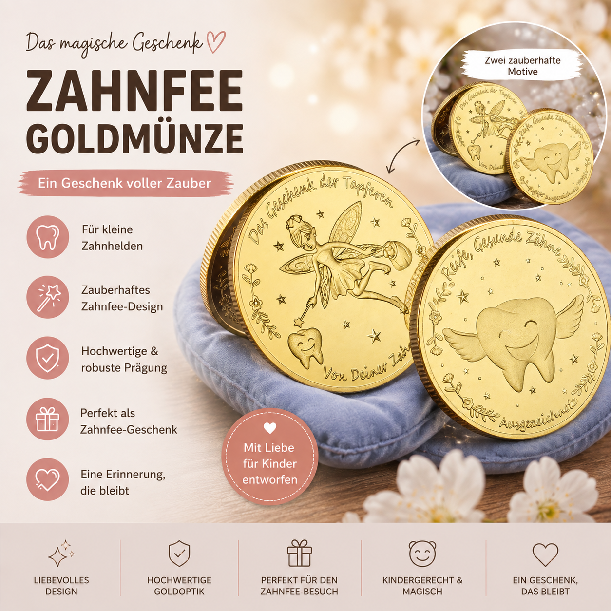 Zahnfee Münze – Das Geschenk der Tapferen | Goldfarbene Erinnerungsmünze für Milchzähne