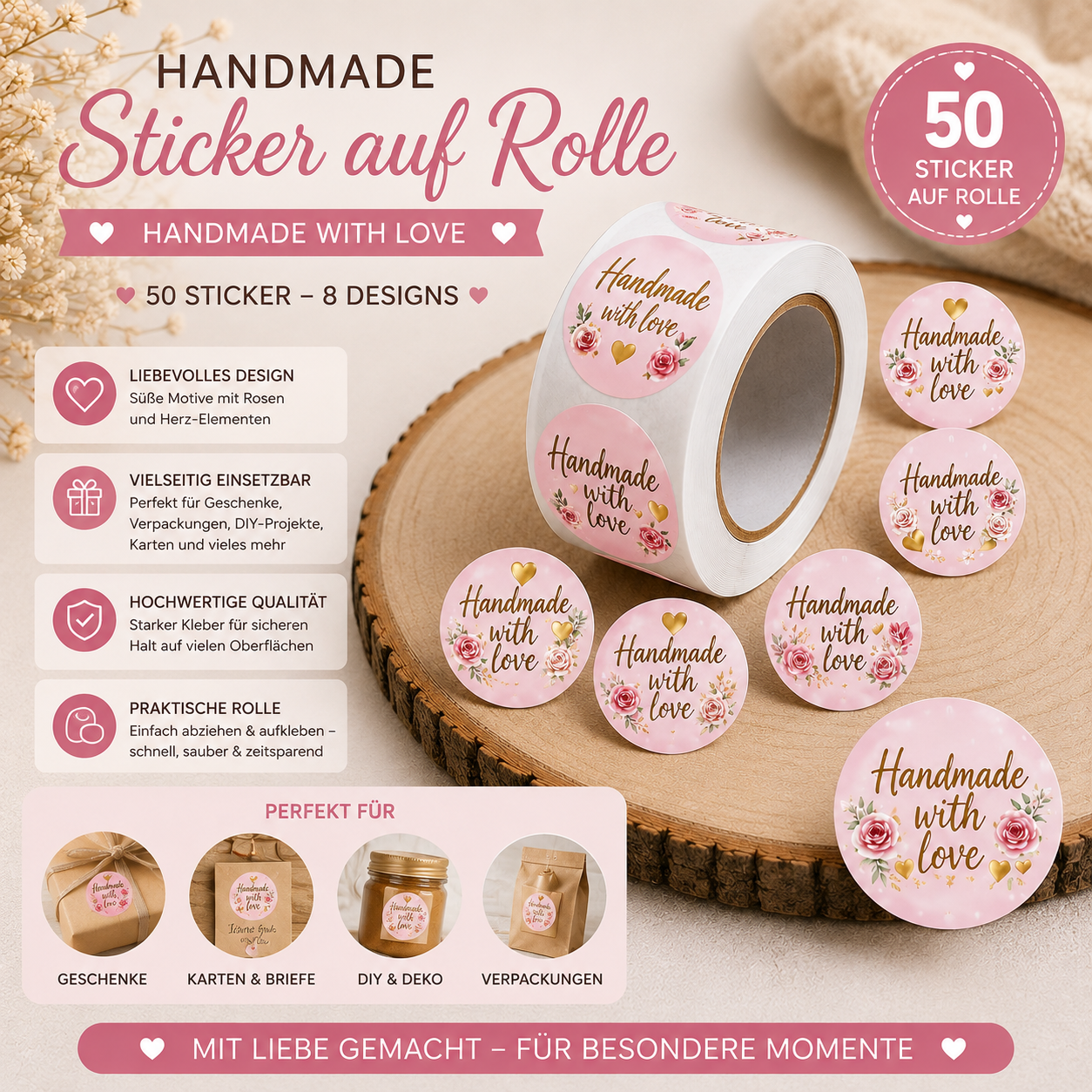 50 Handmade with Love Sticker – Rosa Geschenkaufkleber | 2,5 cm