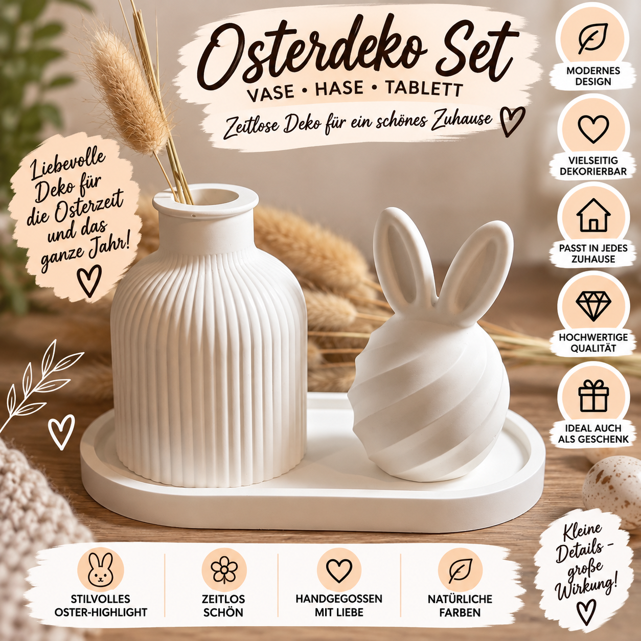 Osterdeko Set aus Gips – Vase, Hase & Tablett in Weiß