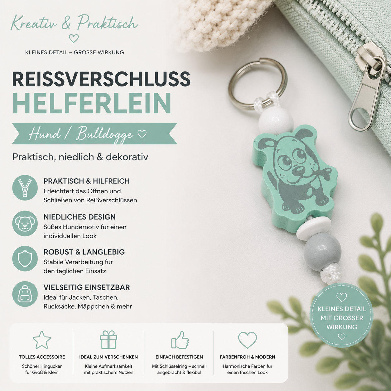 Reißverschlusshelfer Hund Bulldogge – Zipper Anhänger mit Holzperlen