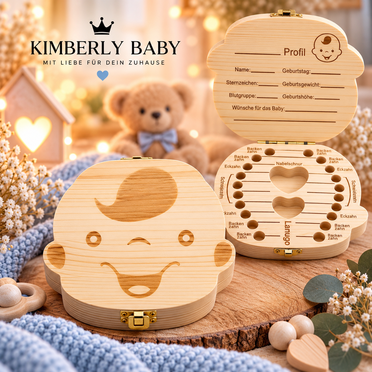 Milchzahndose aus Holz für Mädchen & Jungen – Erinnerungsbox mit Zahnfächern, Nabelschnur- & Babyhaarfach