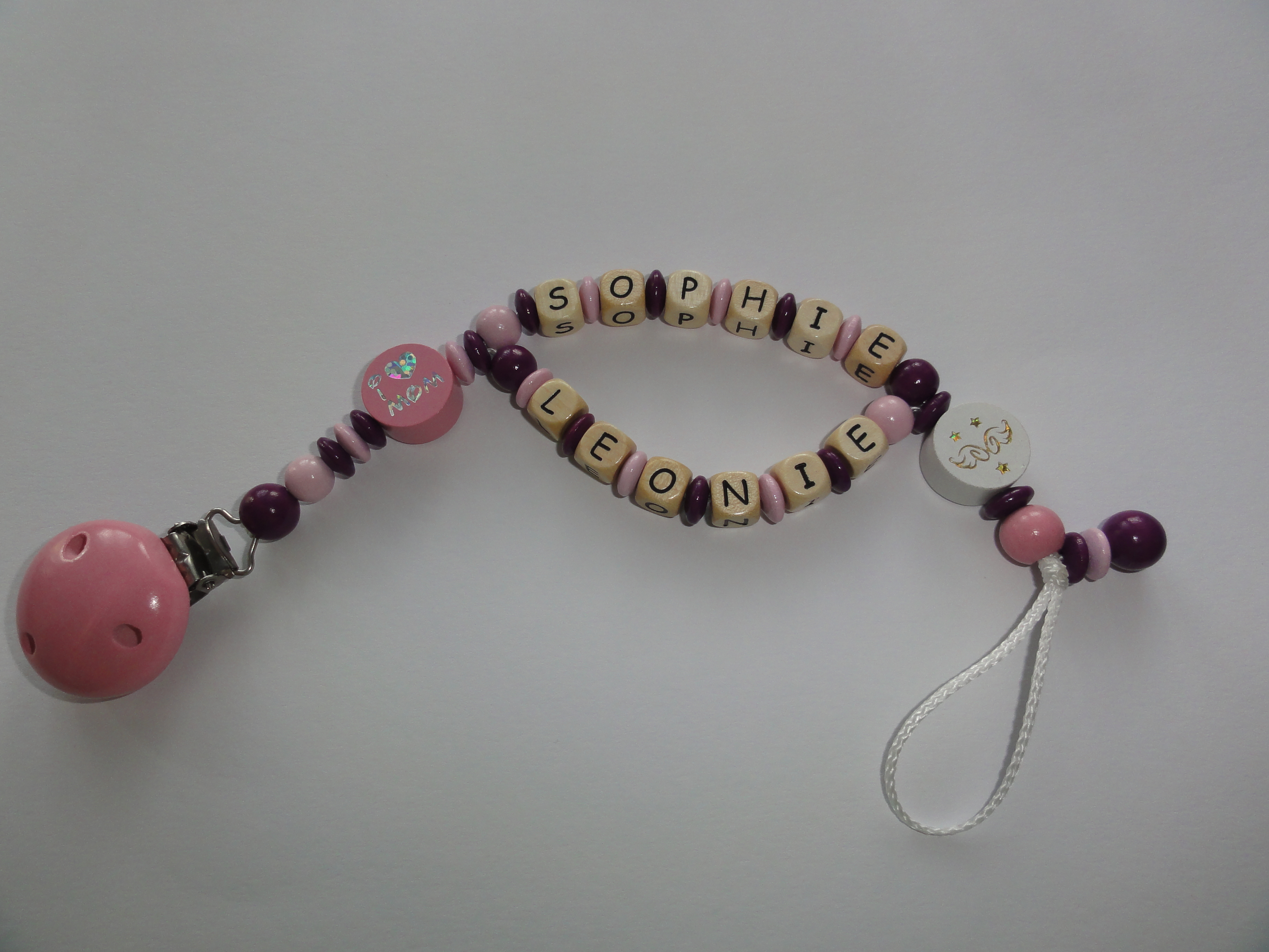 Baby Schnullerkette mit Doppelnamen - I love Mom in rosa lila
