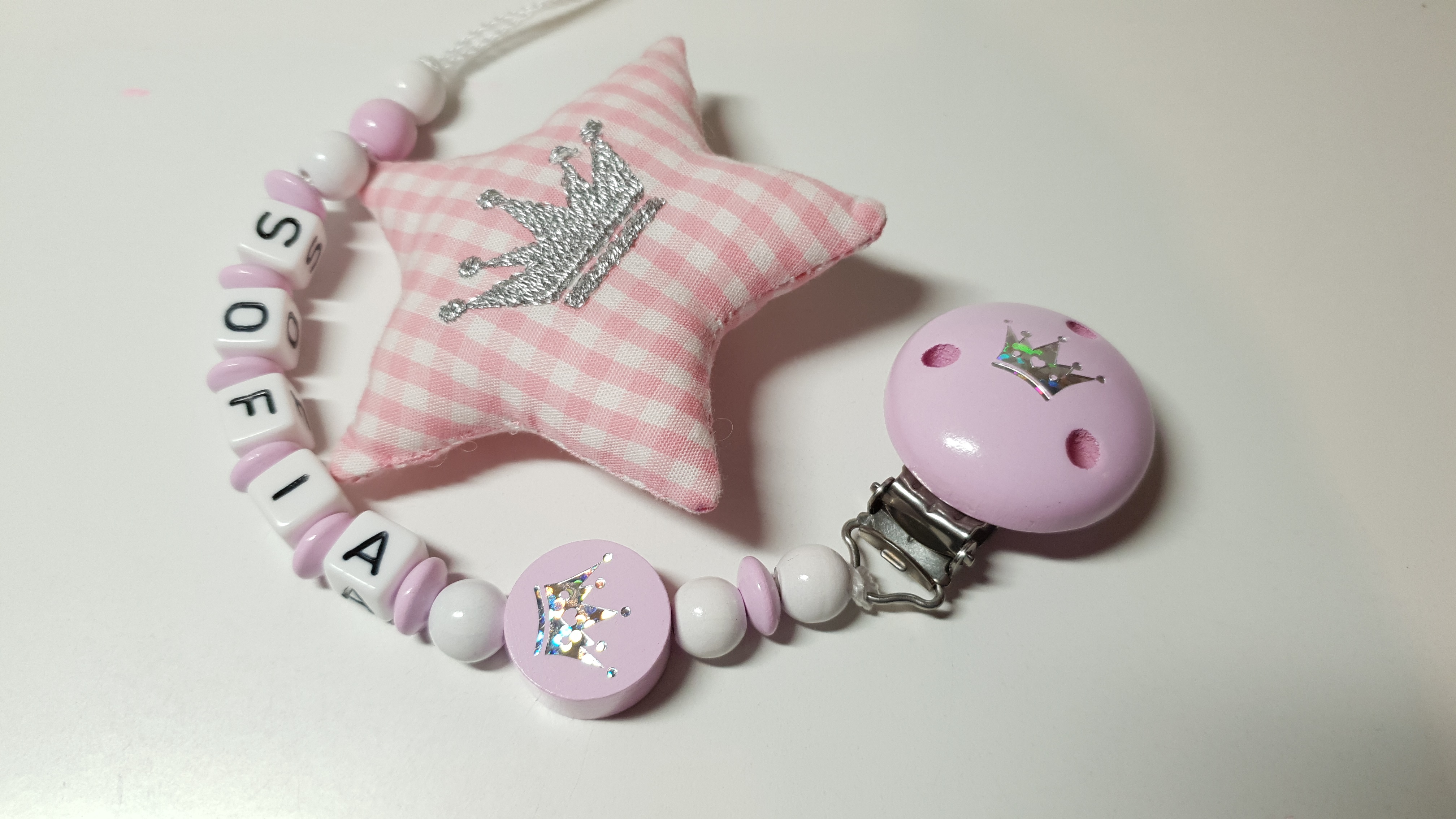 Baby Schnullerkette mit Namen - Krone in rosa weiß