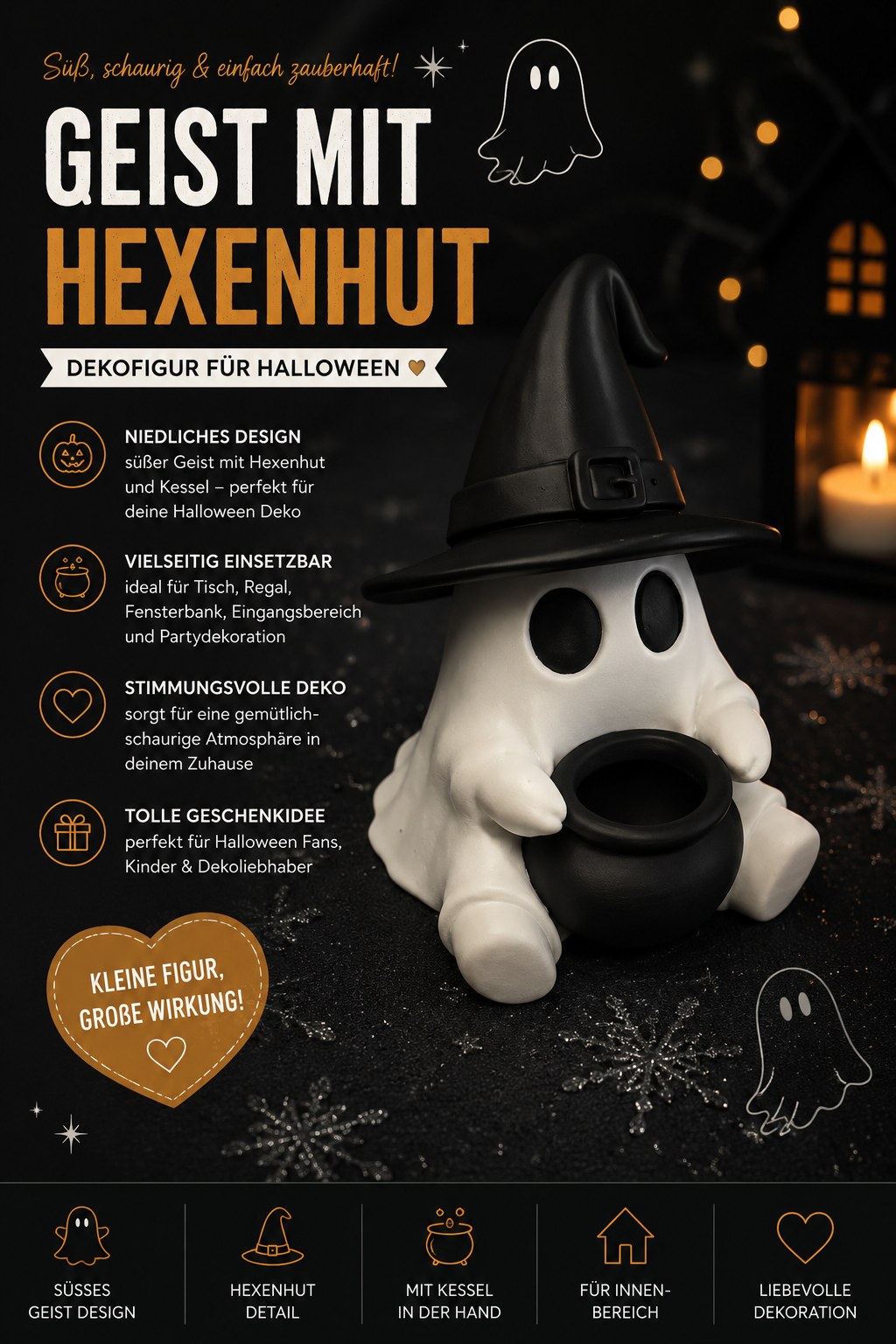 3D gedrucktes Gespenst mit Hexenhut & Kessel – Halloween Deko