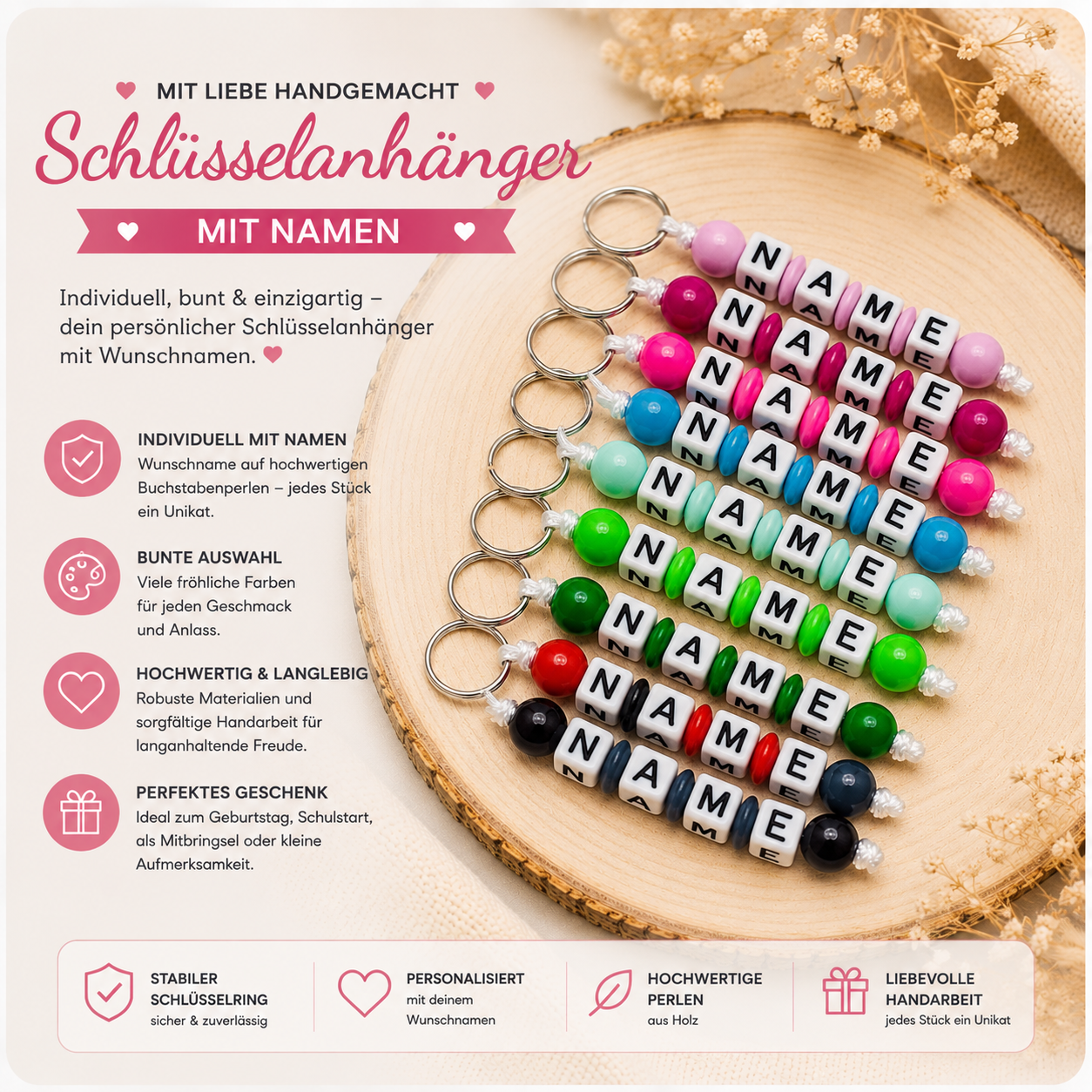 Personalisierter Schlüsselanhänger mit Namen – verschiedene Farben