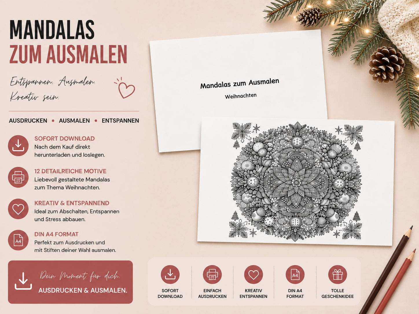 12 Weihnachts-Mandalas zum Ausmalen – DIN A4 Querformat | Digitaler Download
