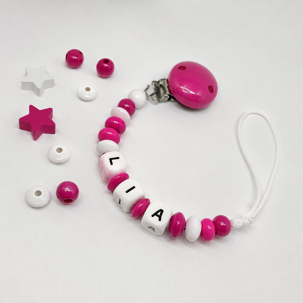 Schnullerketten Bastelset Pink Weiß – DIY Set mit Holzclip, Perlen & Sternen | Baby Bastelset
