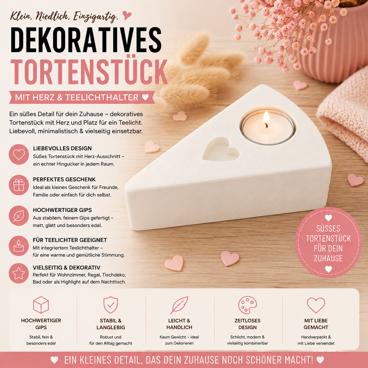 Gips Tortenstück mit Herz & Teelichthalter – moderne Deko & Geschenkidee