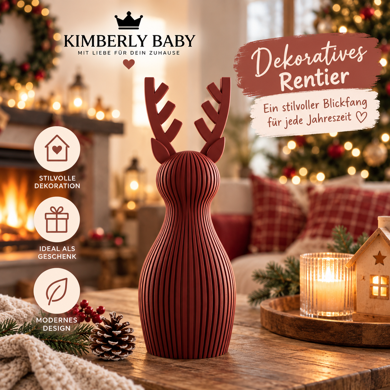 Deko Rentier aus 3D-Druck – modernes Weihnachtsrentier mit Geweih in Rillenoptik
