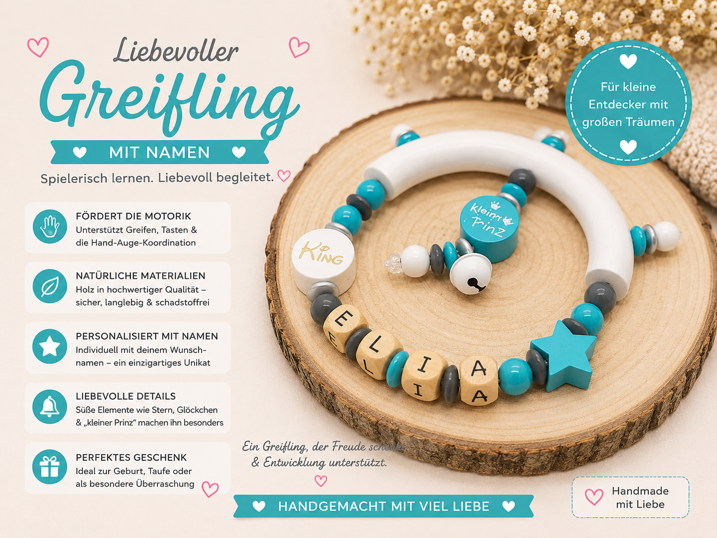 Greifling mit Namen „Kleiner Prinz" – Personalisierter Holzgreifling in Türkis