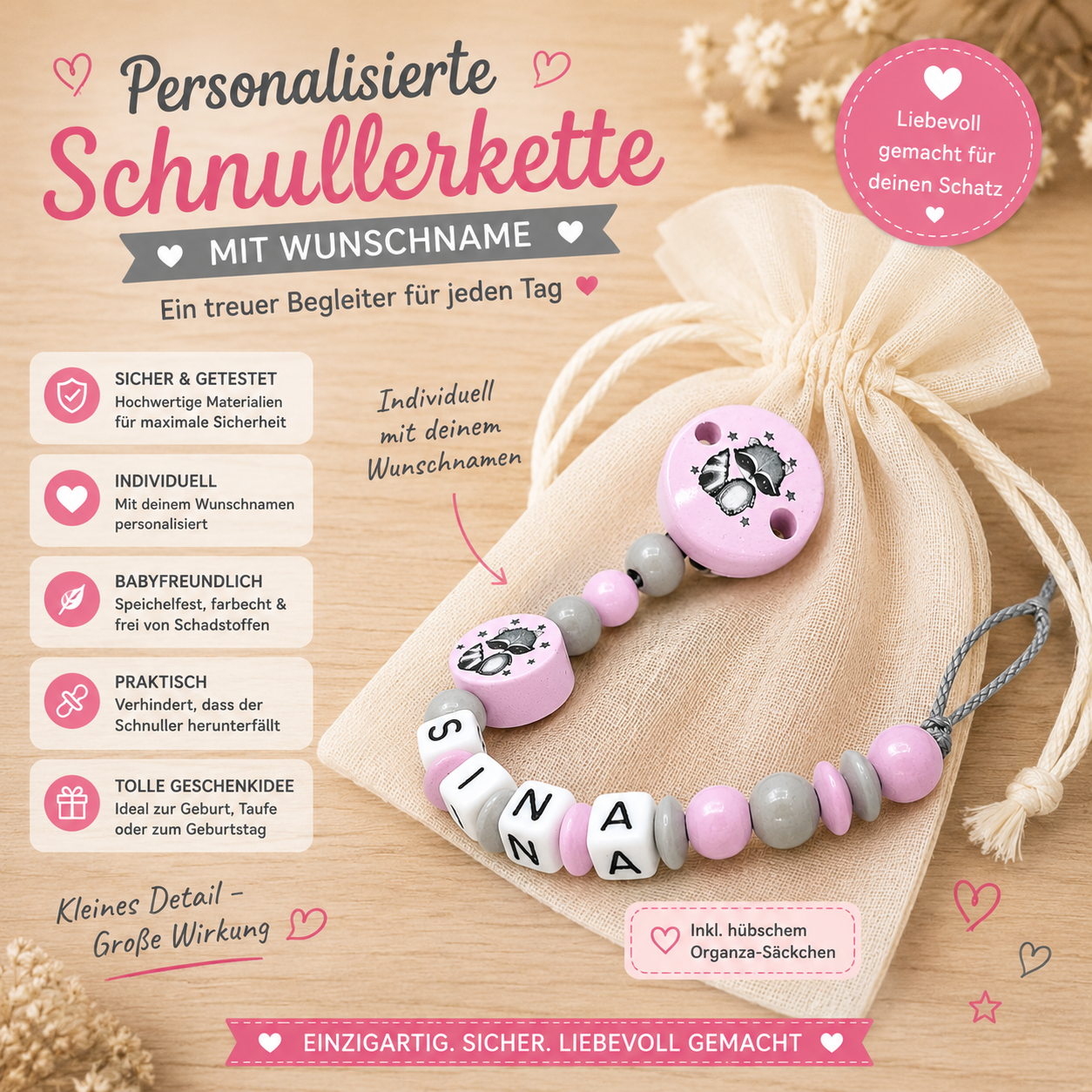Schnullerkette mit Namen Waschbär Rosa/Grau – Handgefertigt