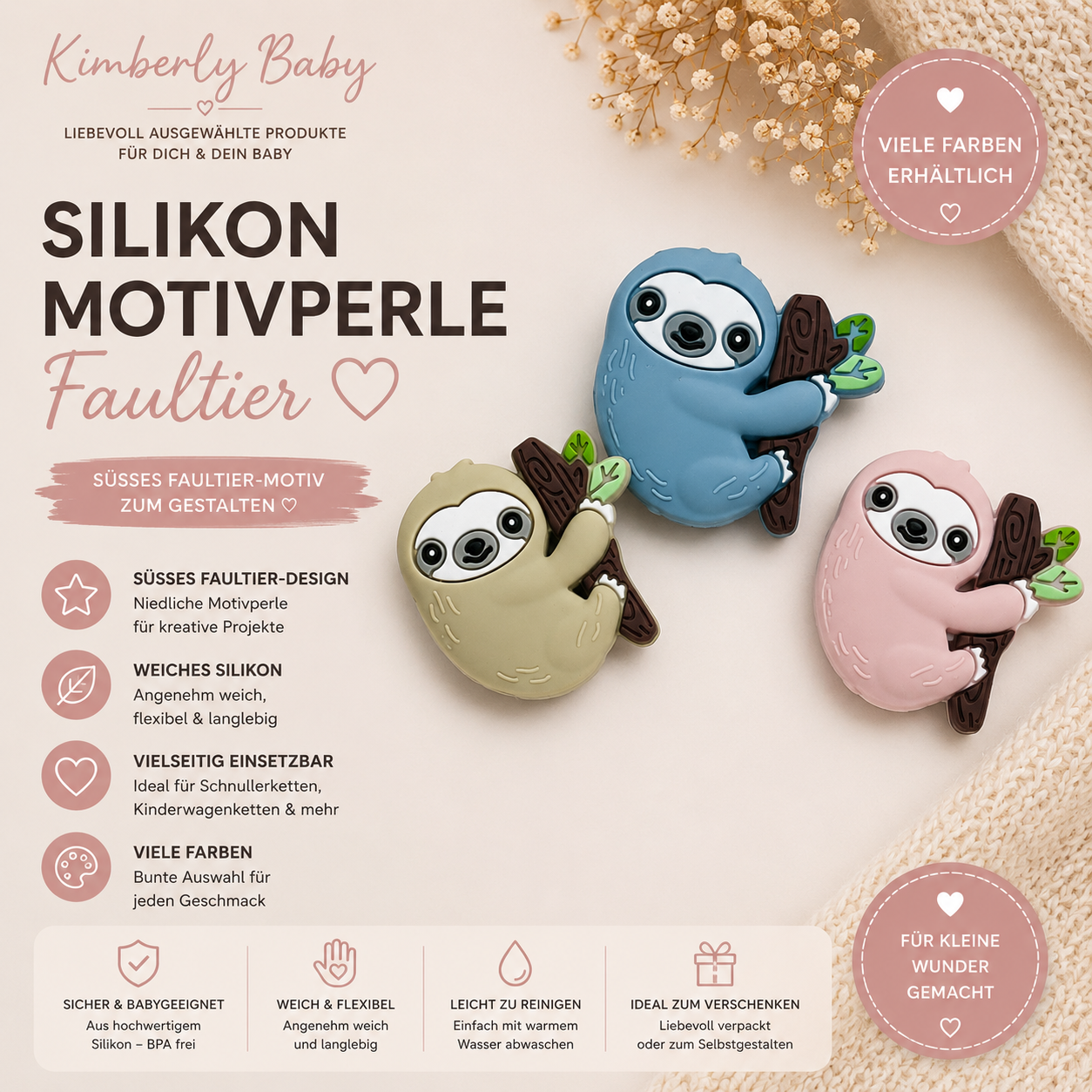 Silikon Motivperle Faultier mit Bambus