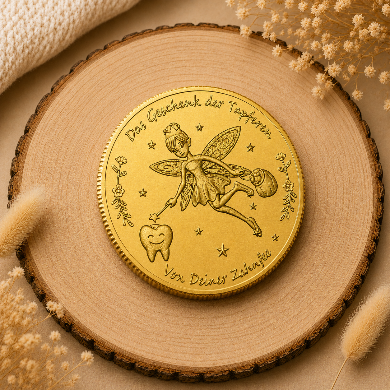 Zahnfee Münze – Das Geschenk der Tapferen | Goldfarbene Erinnerungsmünze für Milchzähne