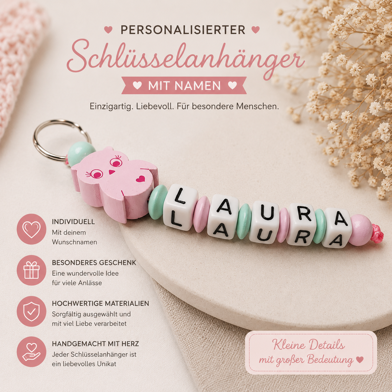 Personalisierter Schlüsselanhänger mit Namen – Eule Rosa | Handgemachtes Geschenk für Kinder, Kindergarten & Schultasche