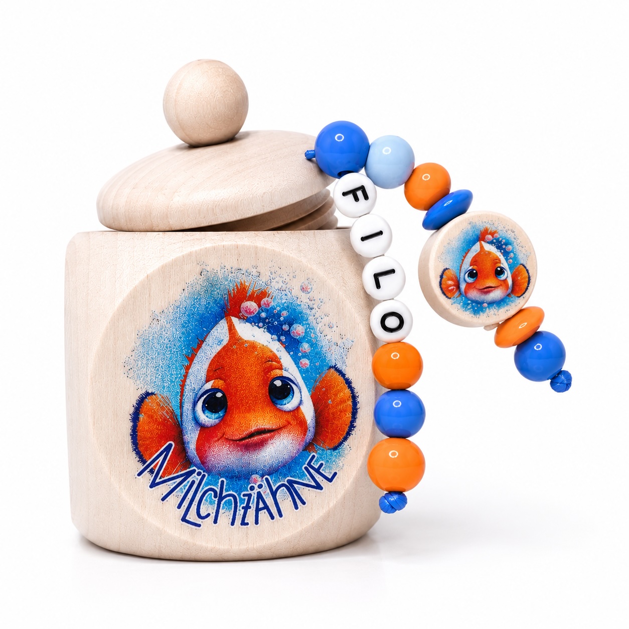 Personalisierte Milchzahndose Clownfisch mit Namen – Holz Zahndose mit Perlenband