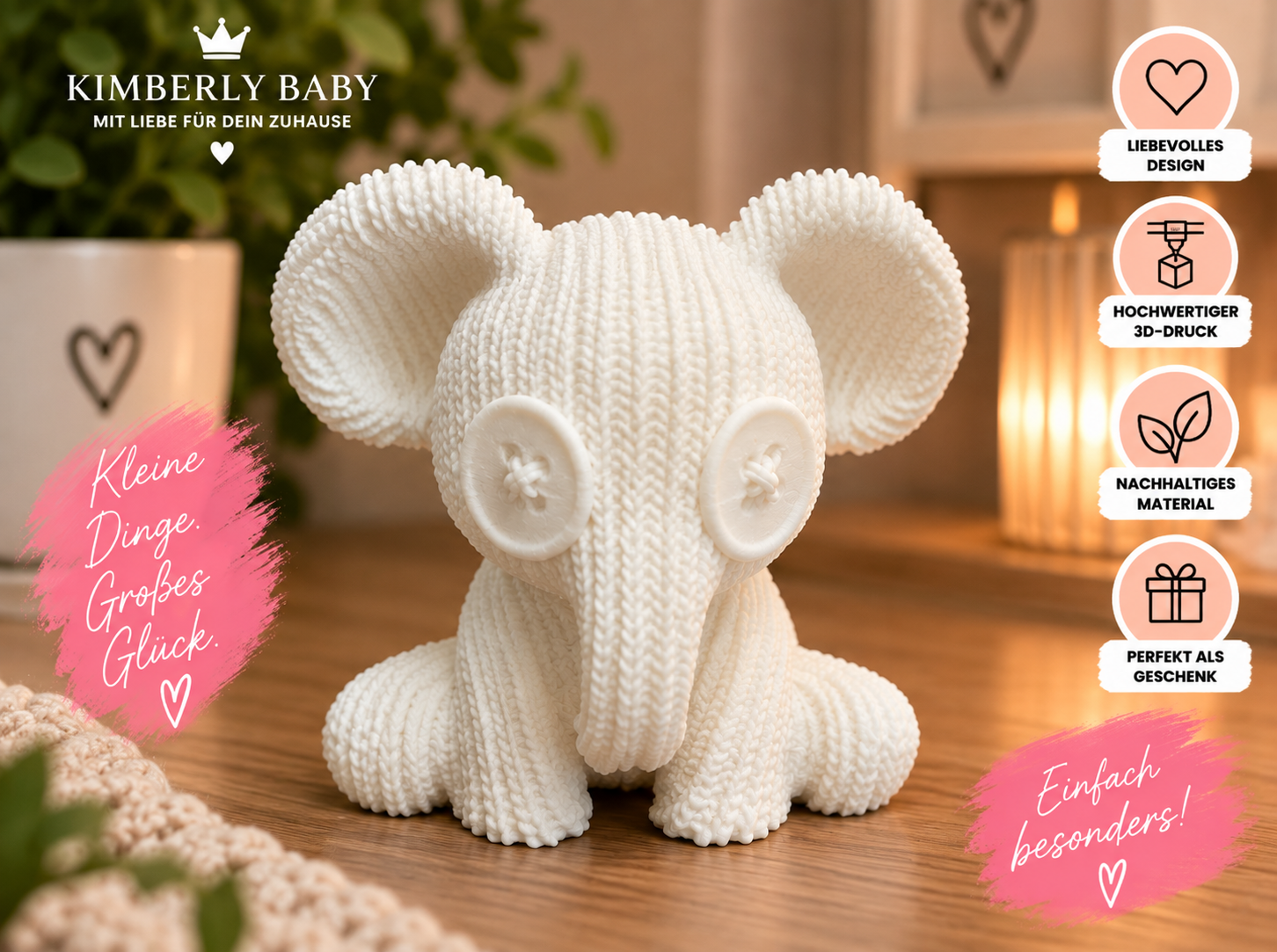 Elefant Dekofigur in Strickoptik aus 3D-Druck – süßer Deko Elefant