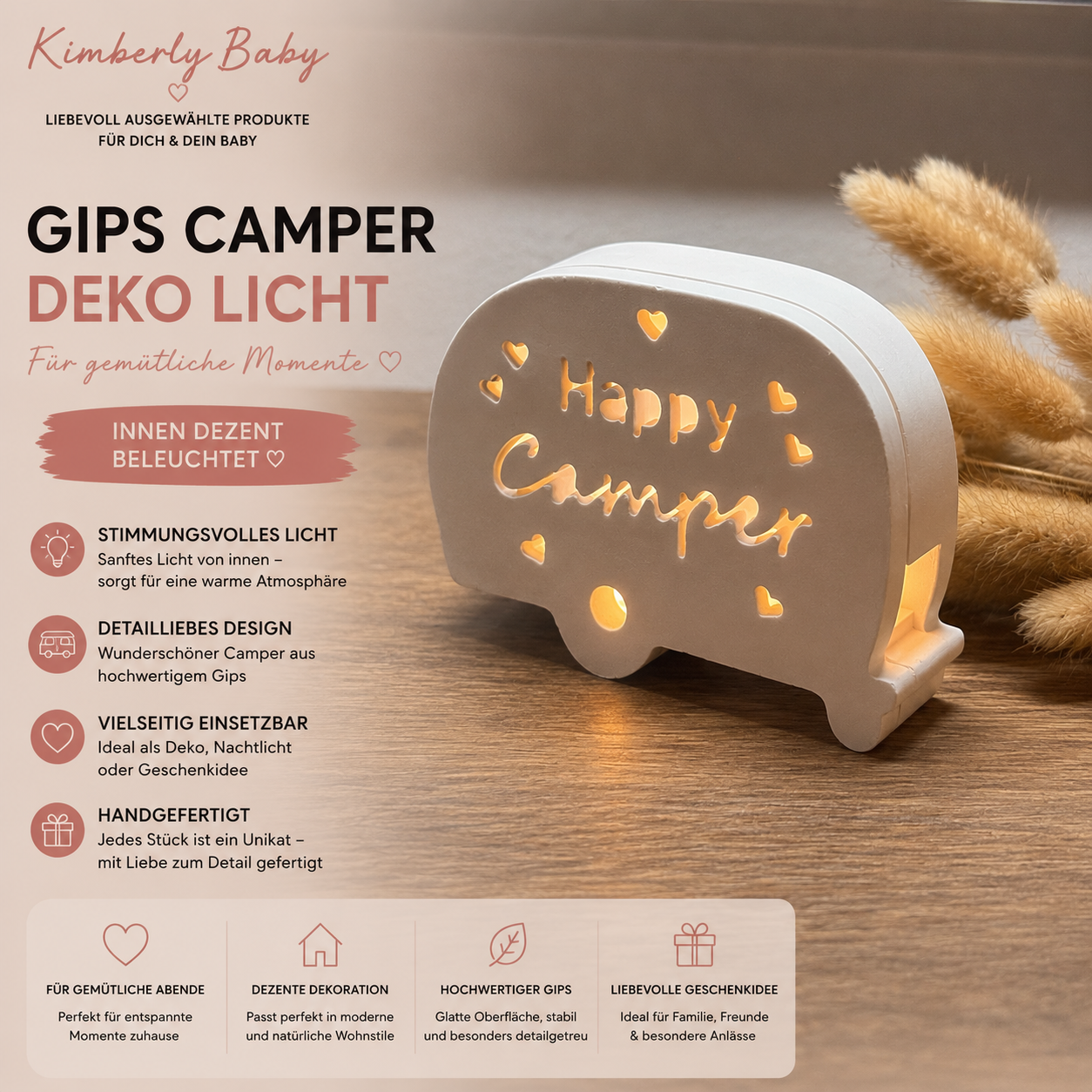 Happy Camper aus Gips – dekorativer Wohnwagen mit Herzmotiv