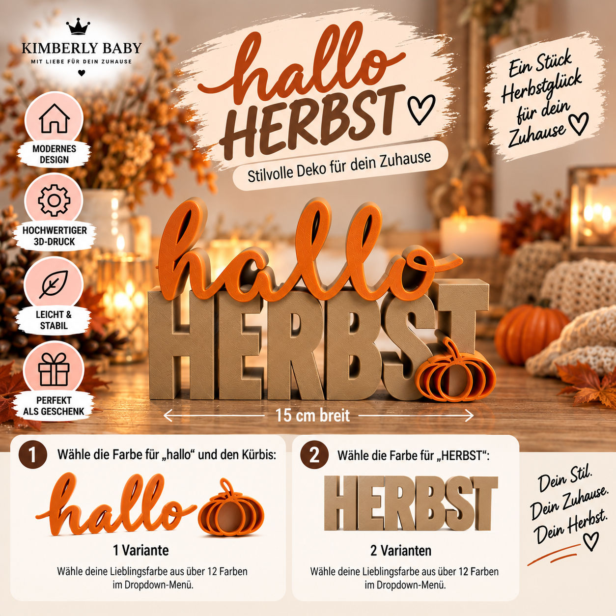 Hallo Herbst Deko aus 3D-Druck – moderner Herbst Schriftzug mit Kürbis