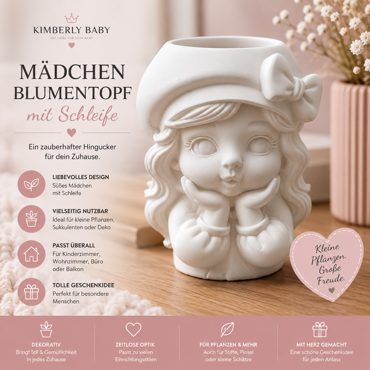 Mädchen Blumentopf aus Gips mit Schleife – dekoratives Pflanzgefäß in Weiß