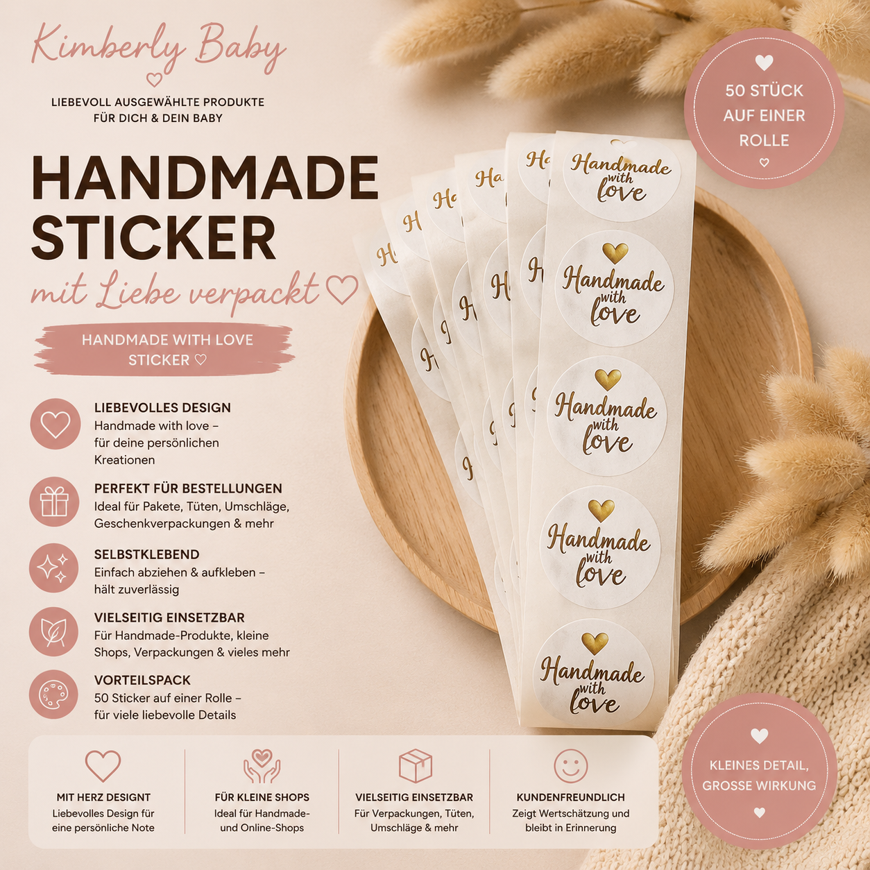 Handmade with Love Sticker – 50 Aufkleber | Herz