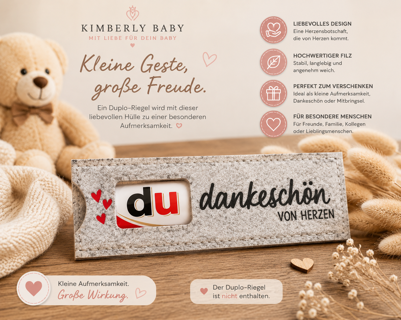 Duplo Geschenk-Etui „Dankeschön von Herzen“ aus Filz – kleine Aufmerksamkeit