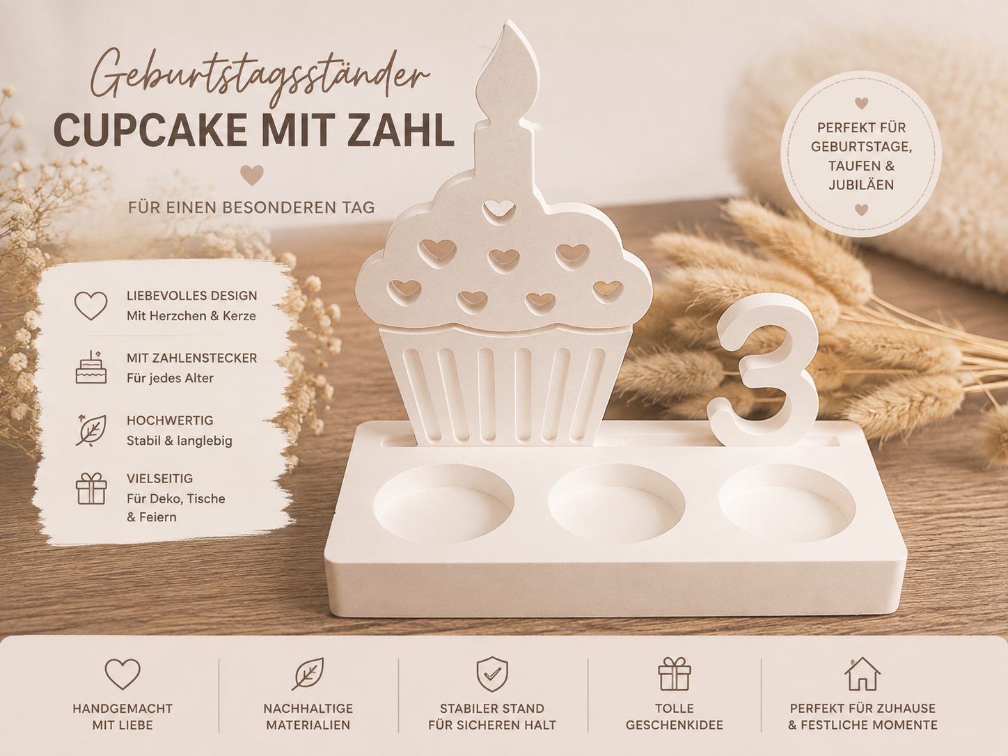 Geburtstagsständer aus Gips – Cupcake mit Zahlenstecker | Geburtstagsdeko