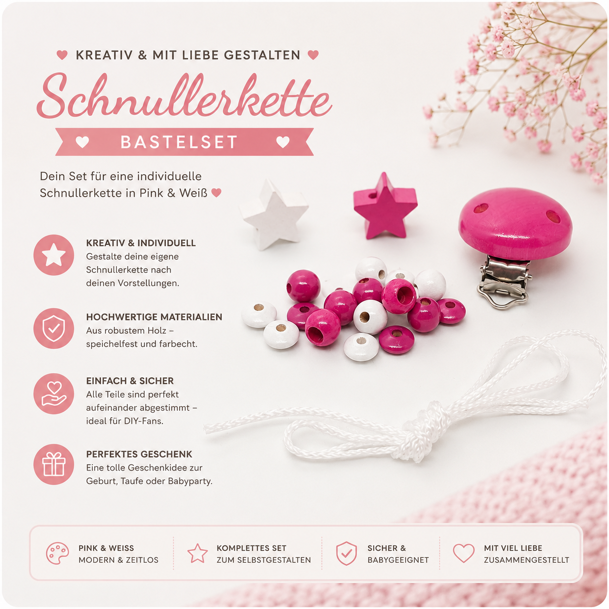 Schnullerketten Bastelset Pink Weiß – DIY Set mit Holzclip, Perlen & Sternen | Baby Bastelset