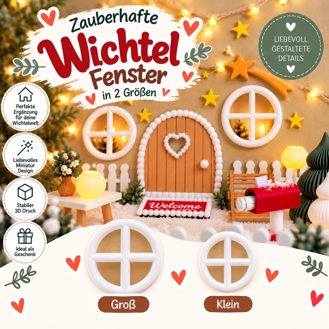 Wichtel Fenster mit Sprossen aus 3D-Druck – Miniatur Fenster für Wichteltür in Groß & Klein