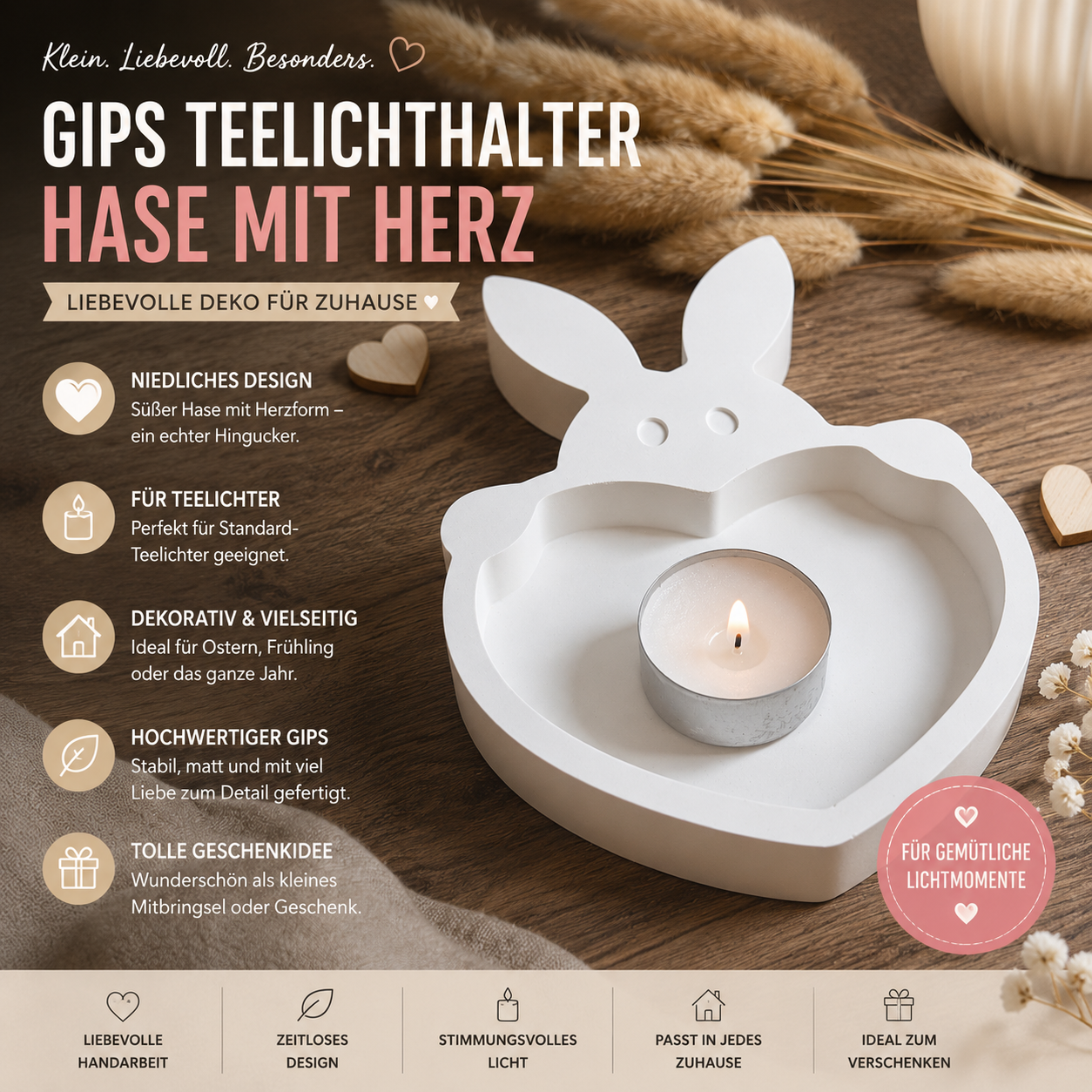 Gips Teelichthalter Hase mit Herz – Osterdeko & Kerzenhalter