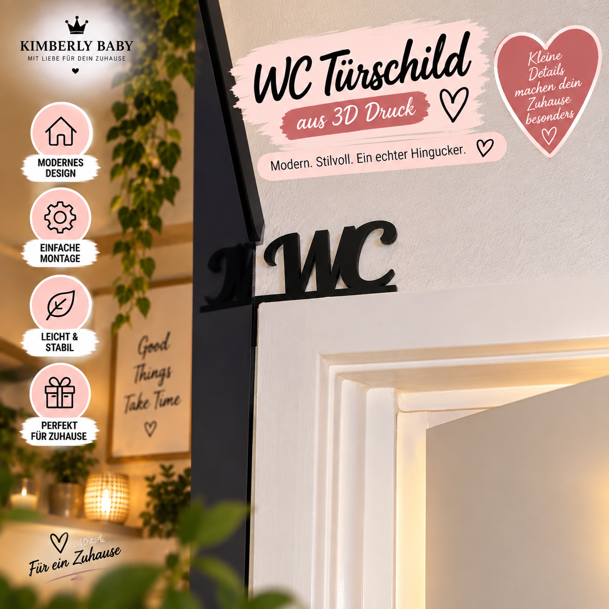 WC Türschild aus 3D-Druck – modernes Toilettenschild für Türrahmen