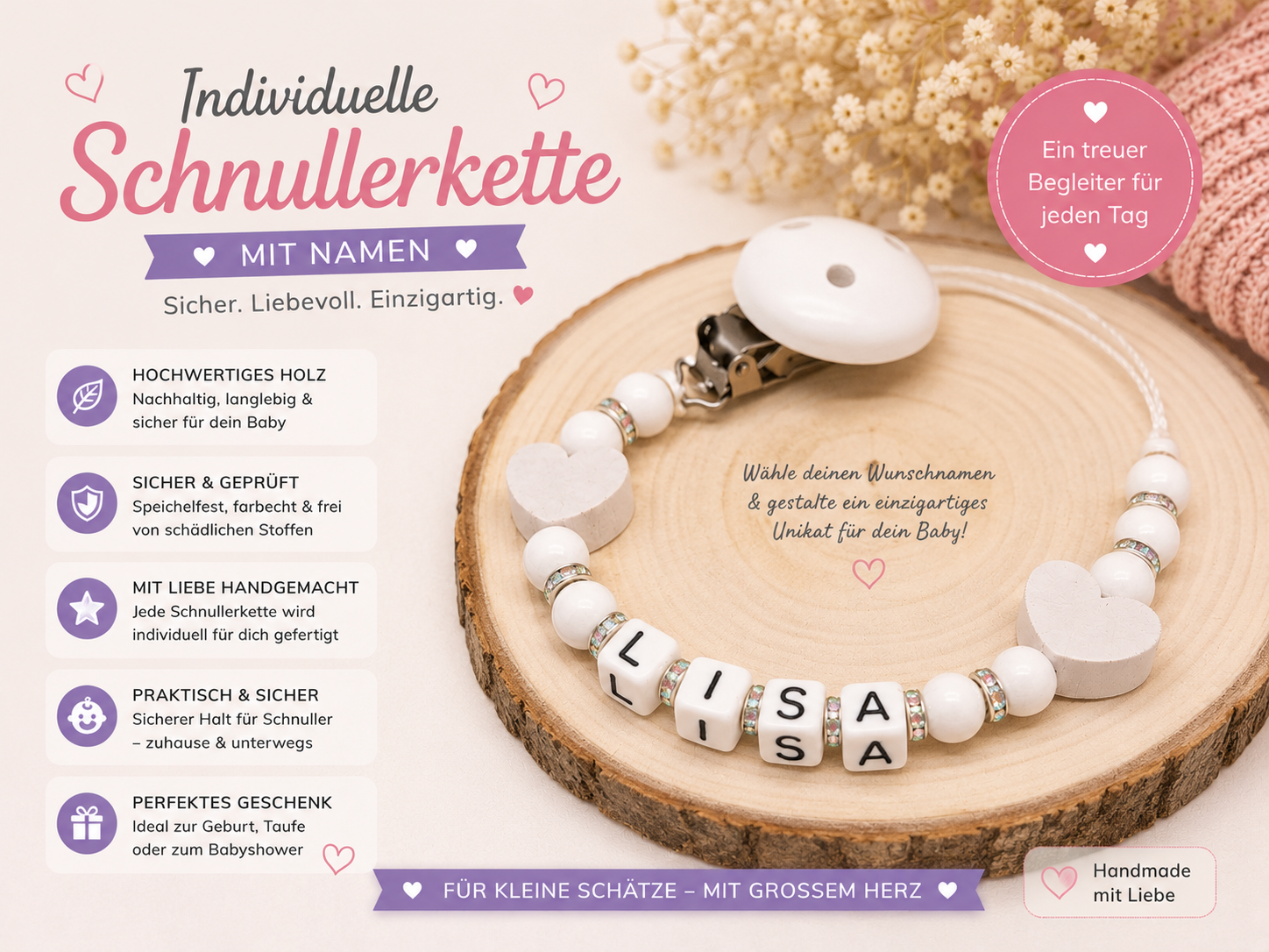 Personalisierte Schnullerkette mit Namen – Weiß mit Herz | Handgefertigt
