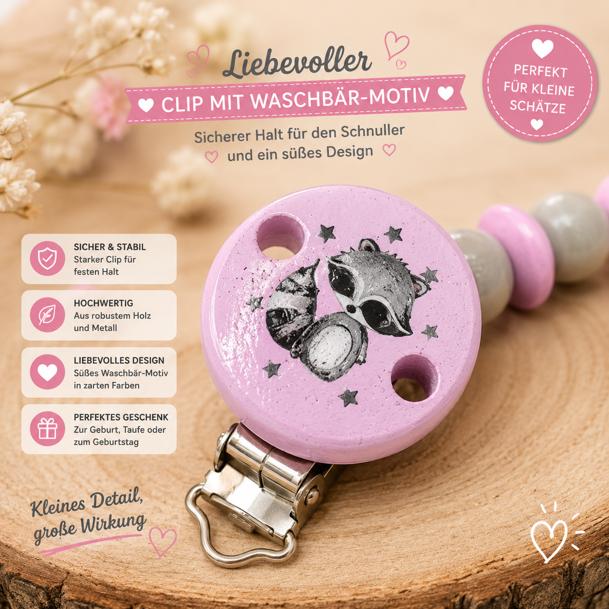 Schnullerkette mit Namen Waschbär Rosa/Grau – Handgefertigt
