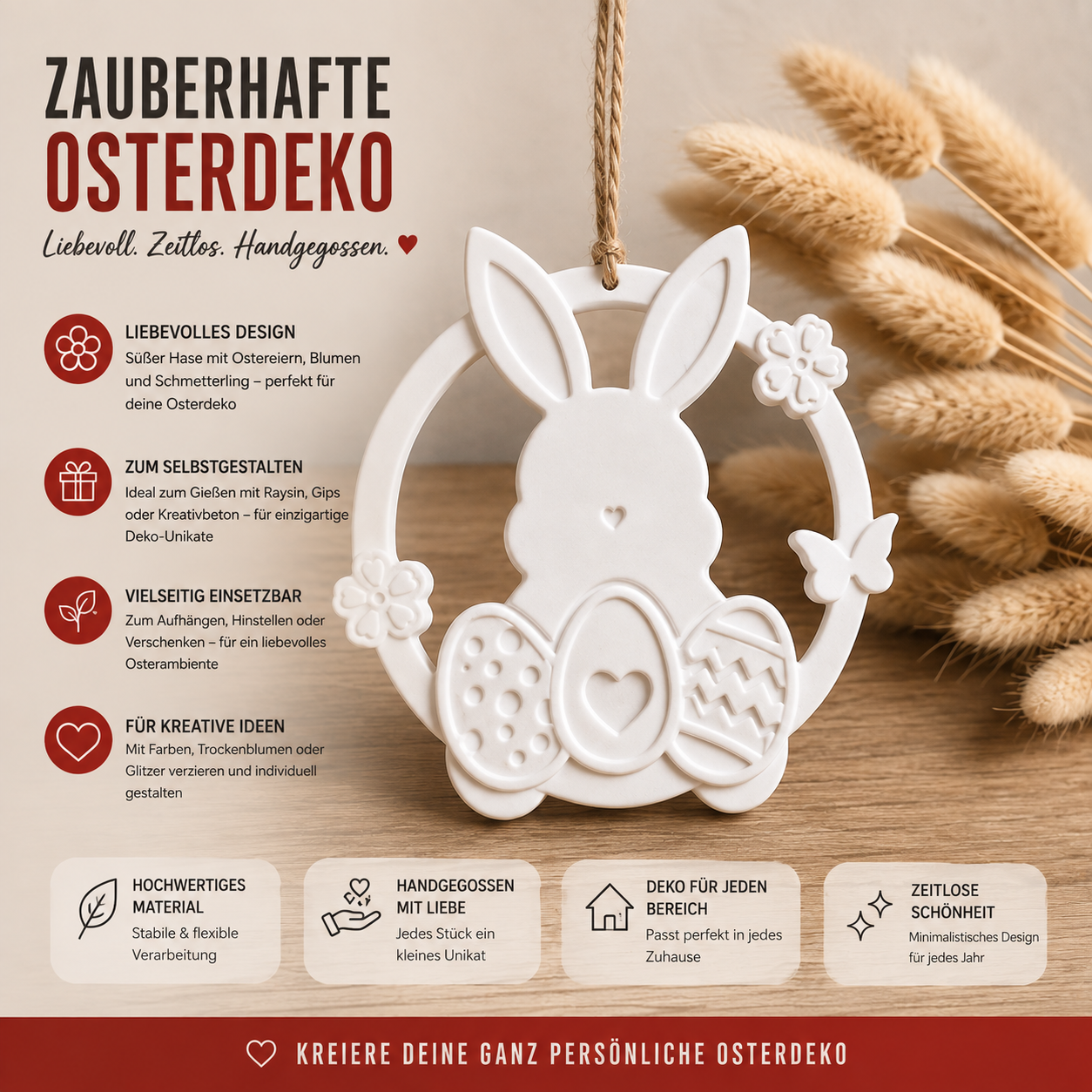 Osterhase Anhänger aus Gips – Osterdeko mit Eiern, Blumen & Schmetterling