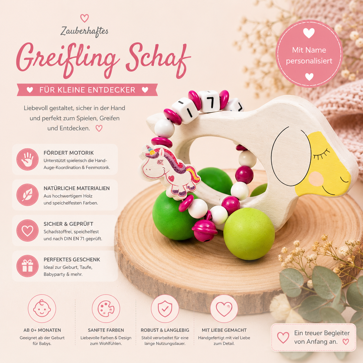 Personalisierter Greifling Schaf mit Einhorn – Handgefertigtes Babyspielzeug aus Holz