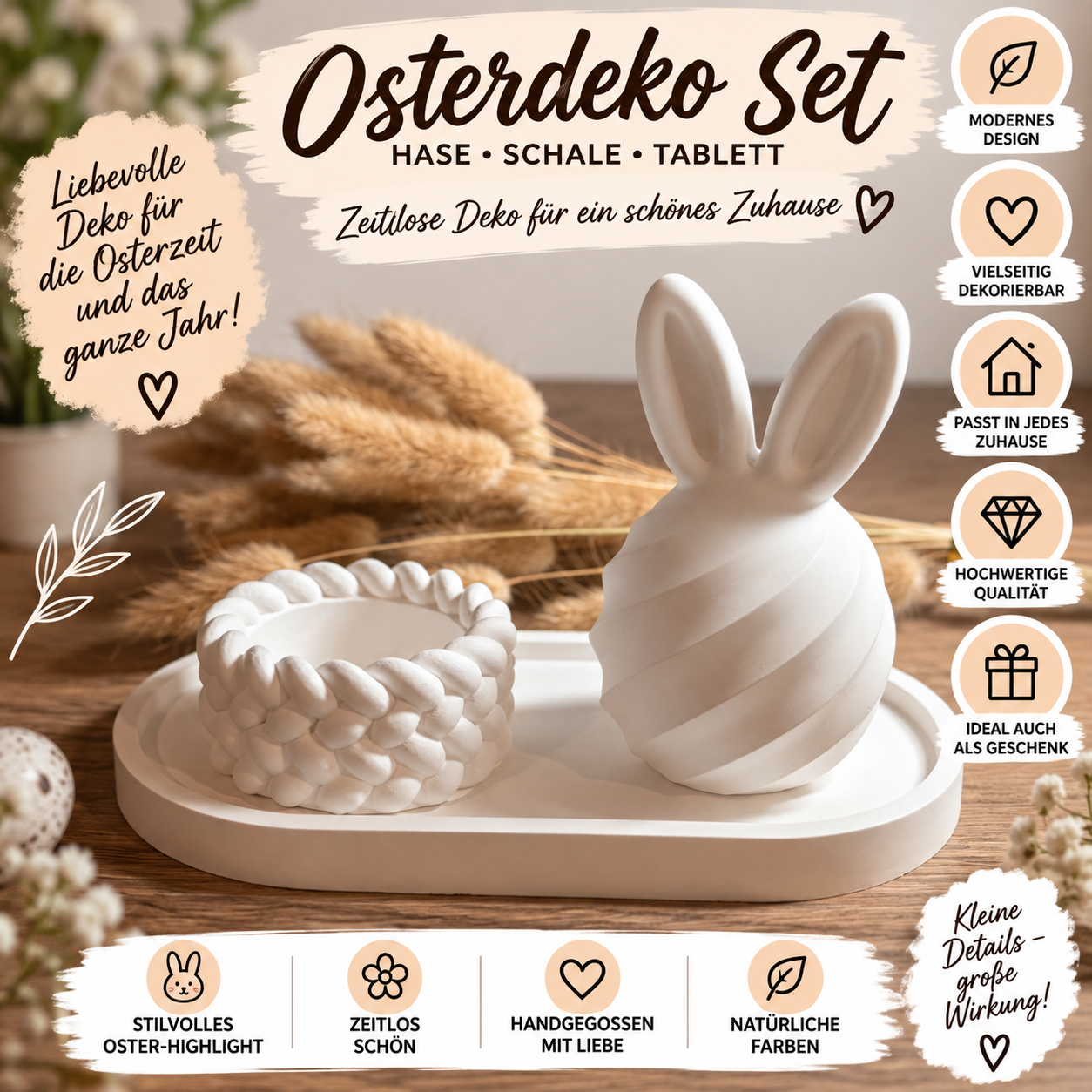 Osterdeko Set aus Gips – Hase, Kerzenhalter & Tablett in Weiß