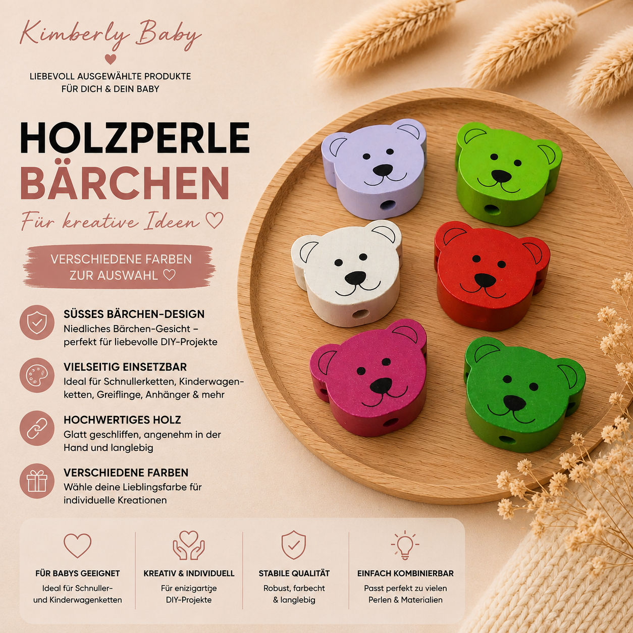 Holzperle Bär – Bärenkopf Motivperle | verschiedene Farben