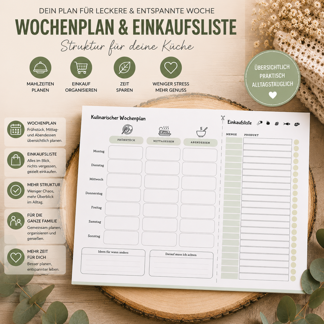 Kulinarischer Wochenplan mit Einkaufsliste zum Ausdrucken – Mahlzeiten einfach planen & entspannter einkaufen