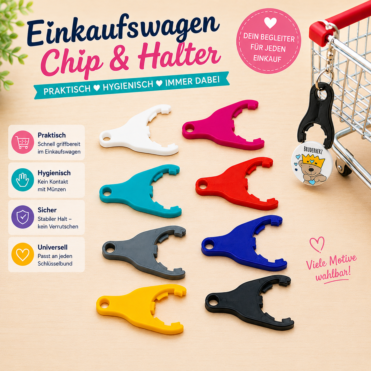 Einkaufswagenchip Halter Bruderherz – Einkaufschip mit Schlüsselanhänger | 8 Farben