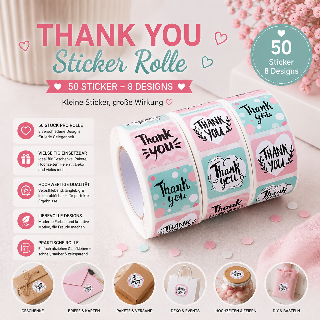 Thank You Sticker Rolle – 50 Dankesaufkleber | 8 Designs | Selbstklebend