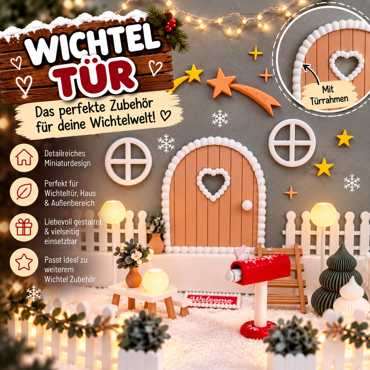 Wichteltür mit Türrahmen aus 3D-Druck – Miniatur Tür für Wichtelwelt & Weihnachtsdeko