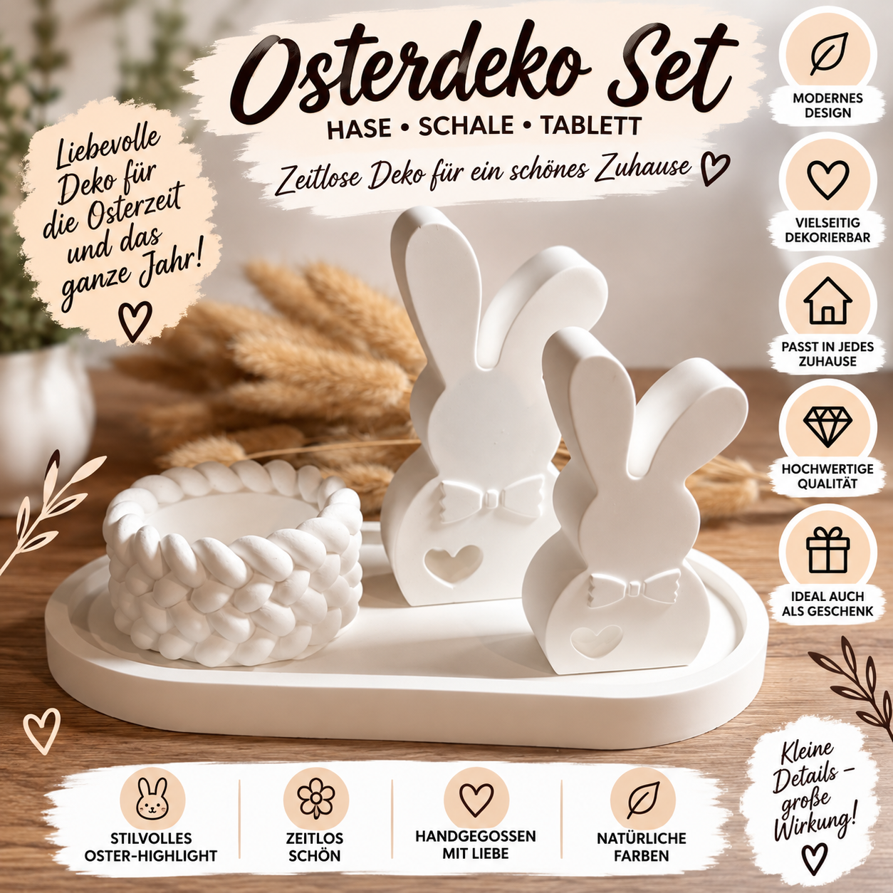 Osterdeko Set aus Gips – 2 Hasen, Kerzenhalter & Tablett in Weiß